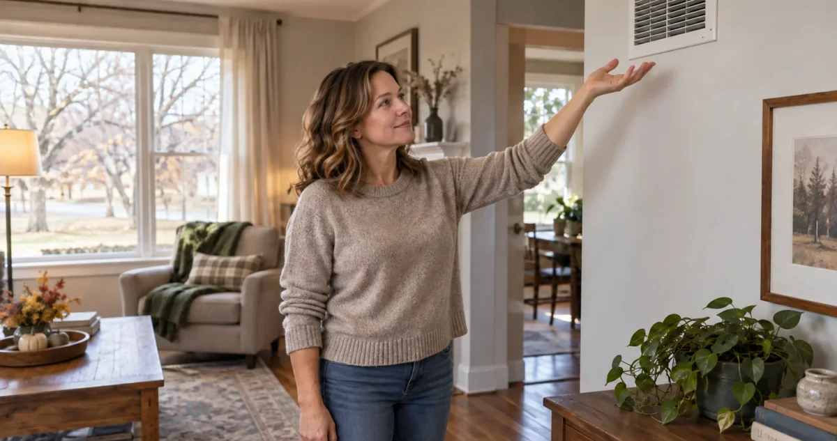 Homeowner holding a hand below a living room wall vent to check airflow in a Des Moines, Iowa home