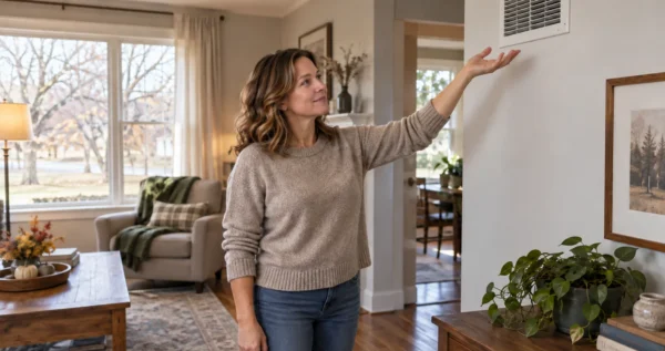 Homeowner holding a hand below a living room wall vent to check airflow in a Des Moines, Iowa home